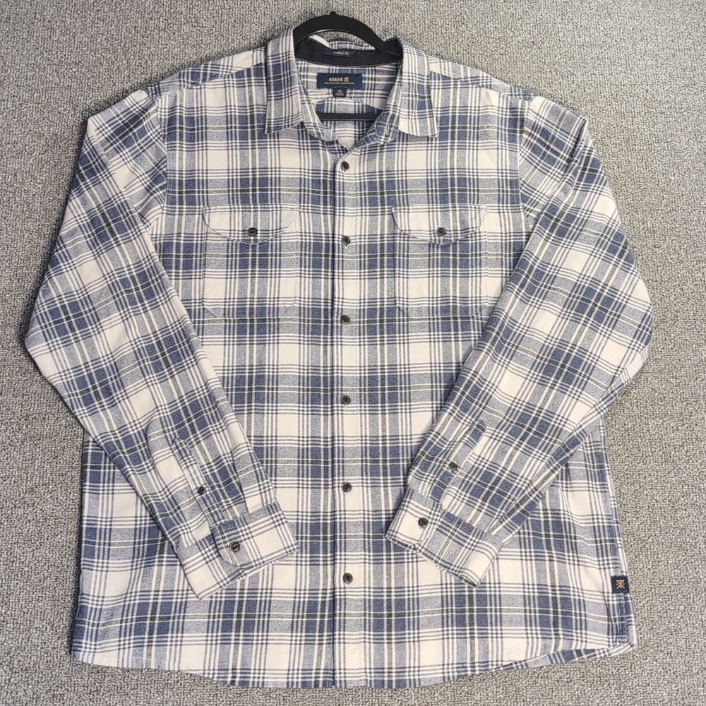 Roark Nordsman Flannel Shirt in Grey/Cream Plaid Classic Fit Size XL